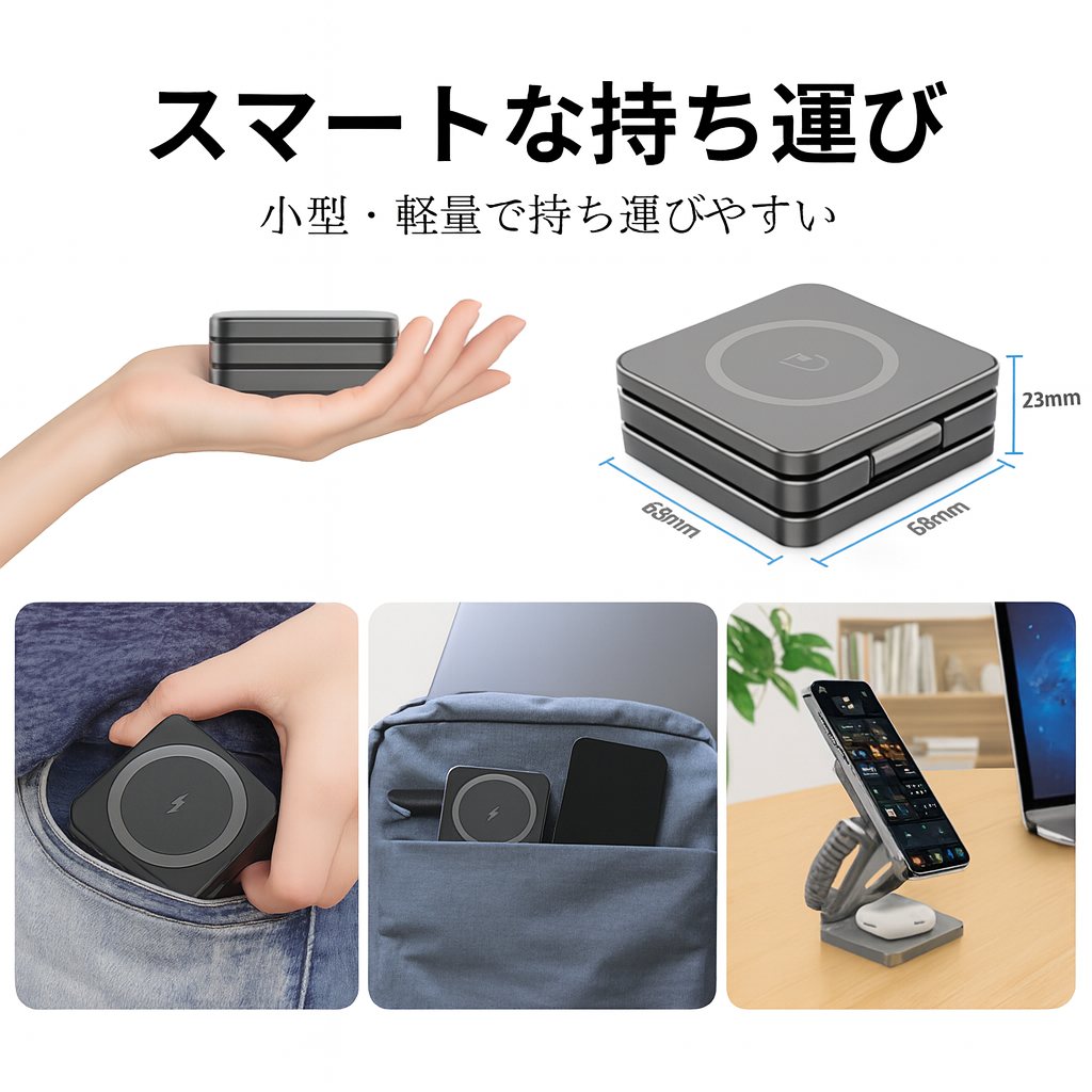 MagSafe対応 3台同時充電 ワイヤレス充電ステーション 折りたたみ式