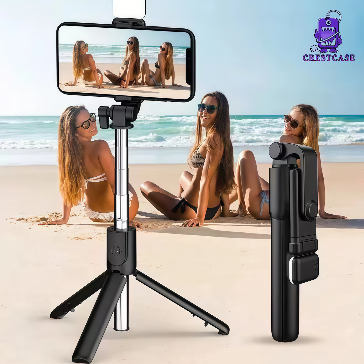 ワイヤレスBluetooth自撮り棒三脚｜ライト＆リモコン付き